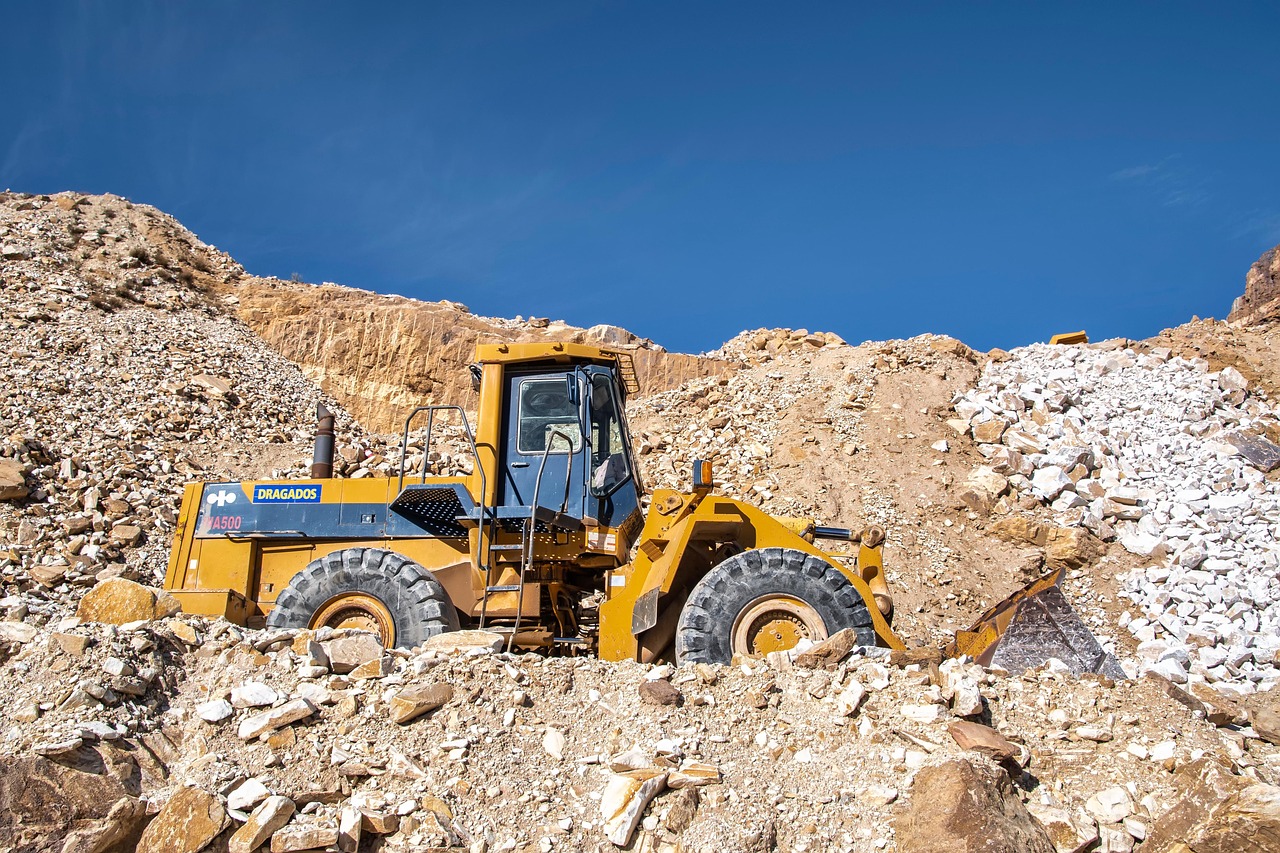 quarry, mining, loader, heavy equipment, marble, rubble, debris, open-pit mine, machine, rocks, mountain, nature, macael